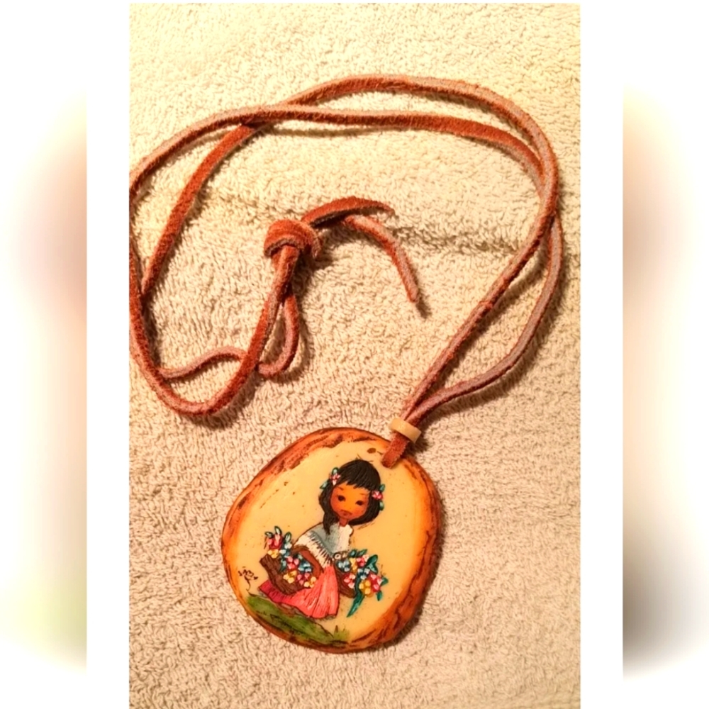 Beautiful Vintage "Desert Scrimshaw" Necklace By JAMA Handpainted W/oils